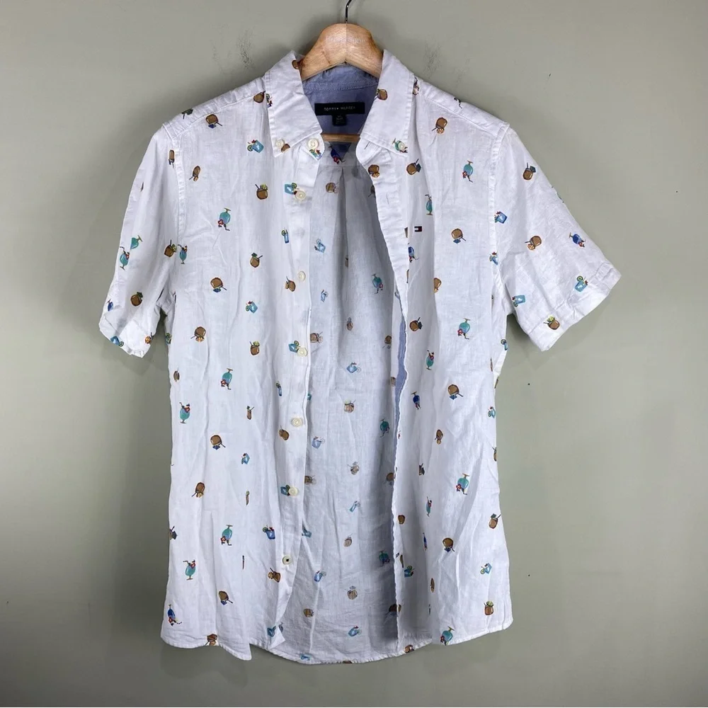 Tommy Hilfiger: Novelty Drink Beach Print Casual Button Up Down Tee T-Shirt Top